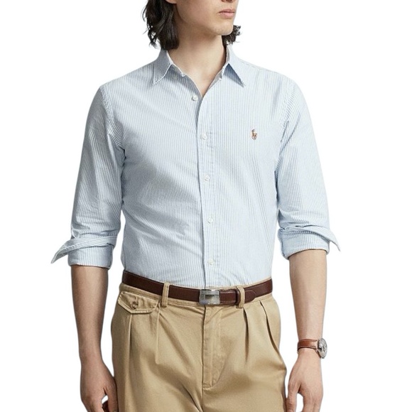 POLO RALPH LAUREN CLASSIC FIT BLUE/WHITE STRIPED COTTON OXFORD BUTTON DOWN SHIRT